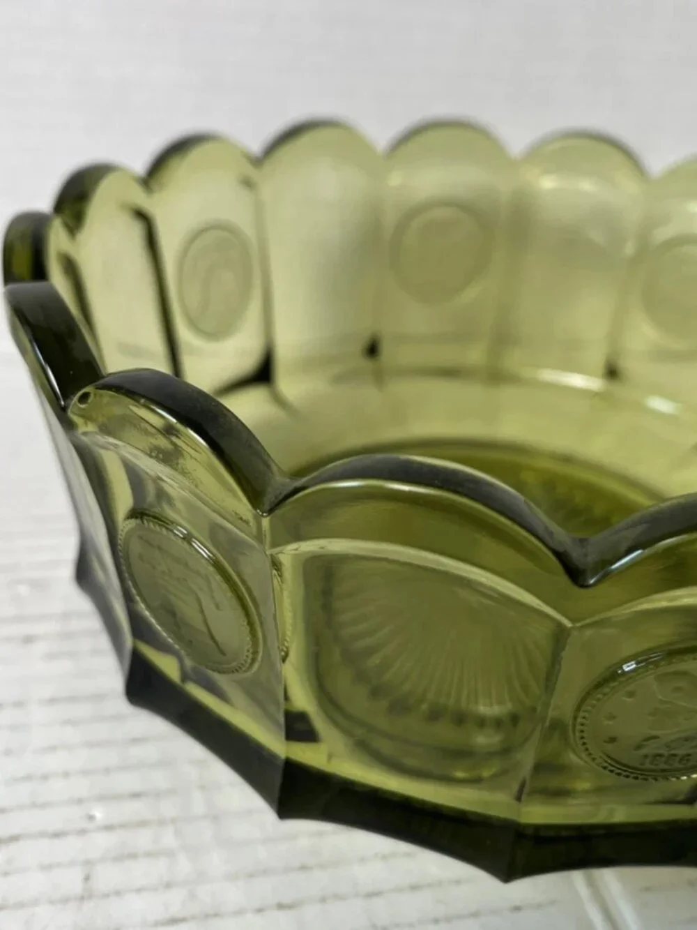 Vintage Fostoria Coin Glass Olive Green Large Bowl 7.25”